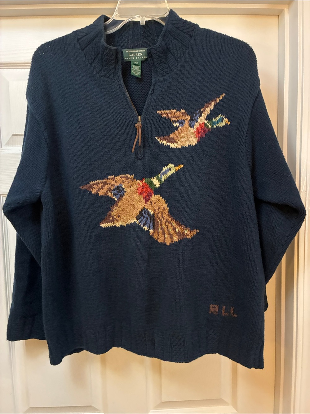 Lauren Ralph Lauren Vintage Navy Half Zip Sweater with Multicolor Duck Motif 2X